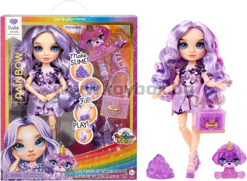 Блестяща кукла Rainbow High Вайълет в комплект със слайм и домашен любимец
