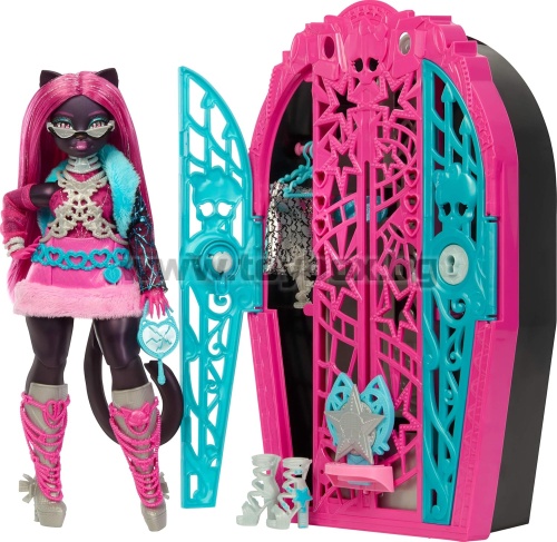 Кукла Monster High Catty Noir с гардероб и 19 изненадващи модни аксесоара,Hauntlywood Mysteries