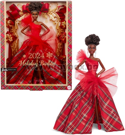 Кукла Barbie Signature - 2024 Holiday Barbie, в празнична рокля и тъмна коса