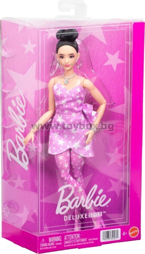 Кукла Barbie Deluxe Style -розова дънкова рокля с щамповани звезди