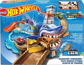 Hot Wheels - Shark Beach Color Shifters, писта със водни зони и кола със смяна на цвета
