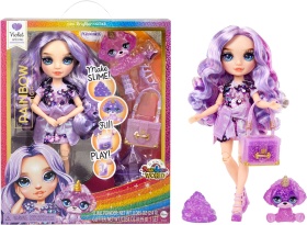 Блестяща кукла Rainbow High Вайълет в комплект със слайм и домашен любимец