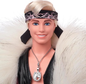 Ken doll in faux fur coat and black vest with fringe - the Barbie movie